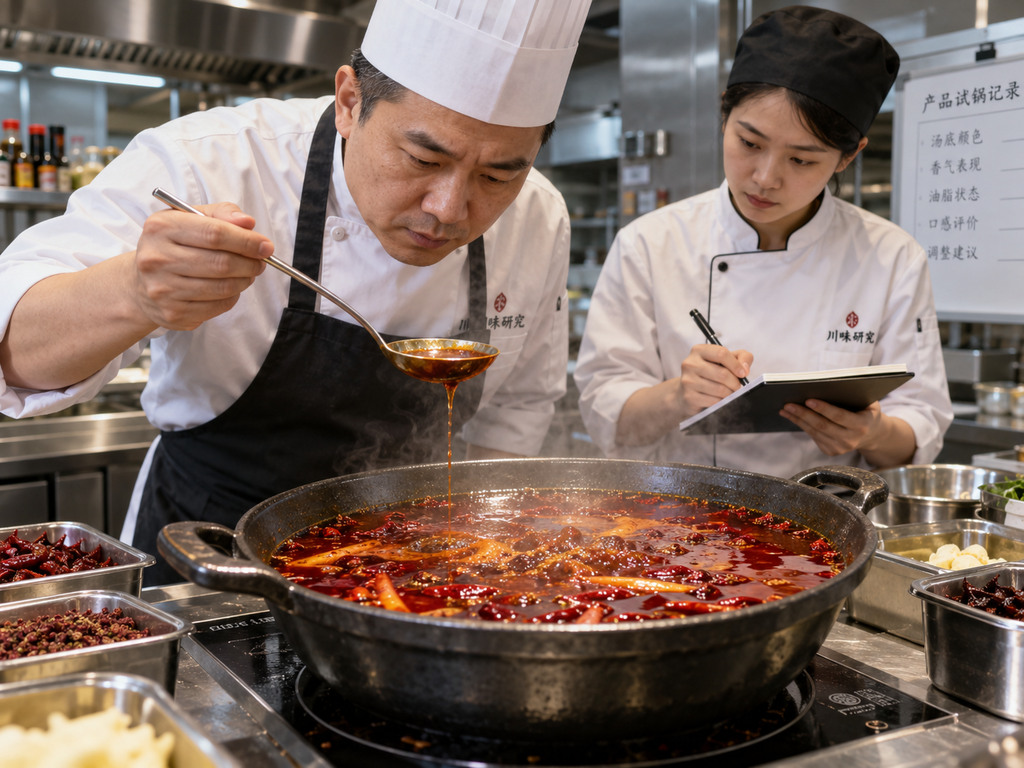 餐饮后厨在火锅试味中观察红油锅底的汤色和油脂状态