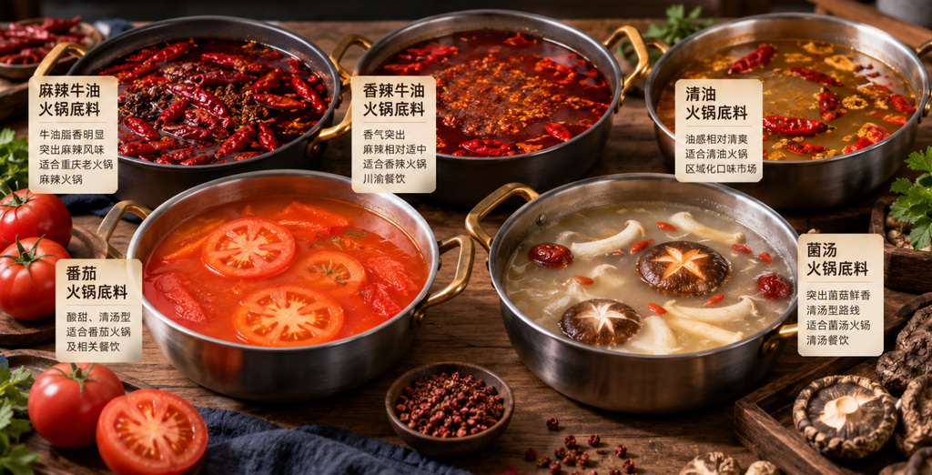 开店火锅底料怎么选? 火锅底料产品路线展示,包括麻辣牛油、香辣牛油、清油、番茄和菌汤火锅底料,帮助餐饮门店根据锅型、风味和经营场景进行选择