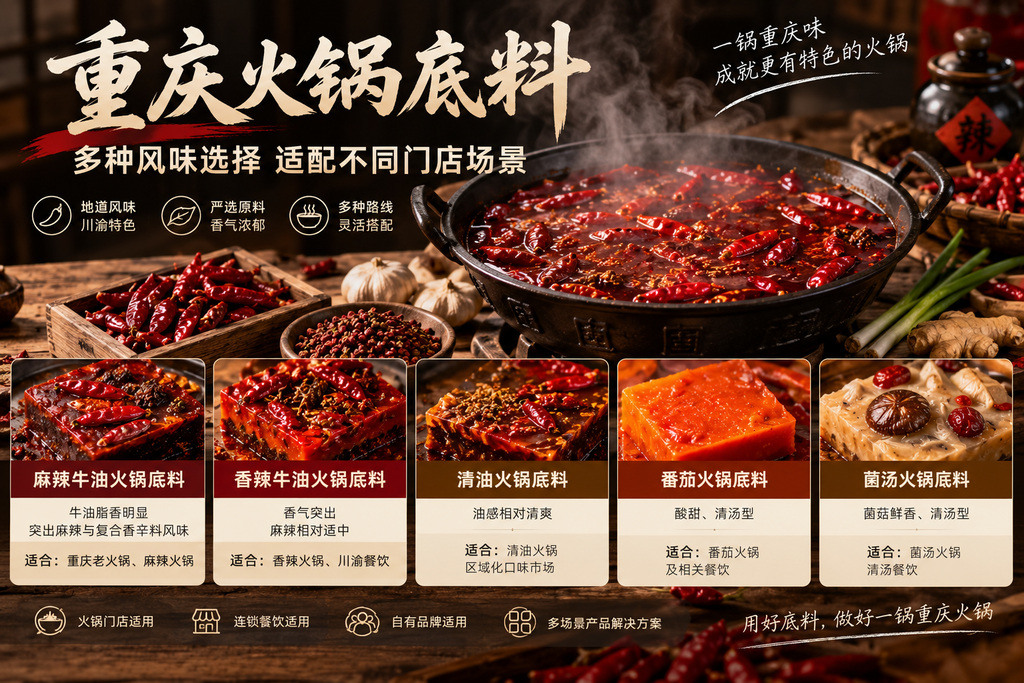重庆火锅底料产品路线与门店选品参考 重庆火锅底料产品路线展示,包括麻辣牛油、香辣牛油、清油、番茄和菌汤火锅底料,适用于餐饮门店按锅型与风味进行选品。