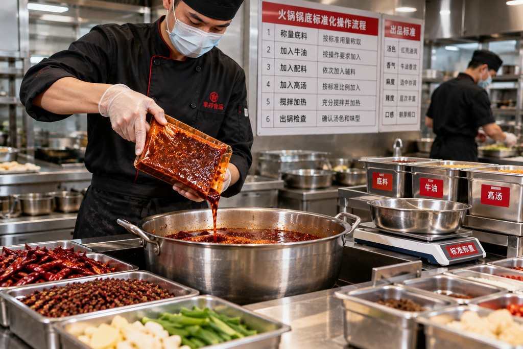 火锅门店后厨人员按照统一操作要求准备底料并进行锅底兑制