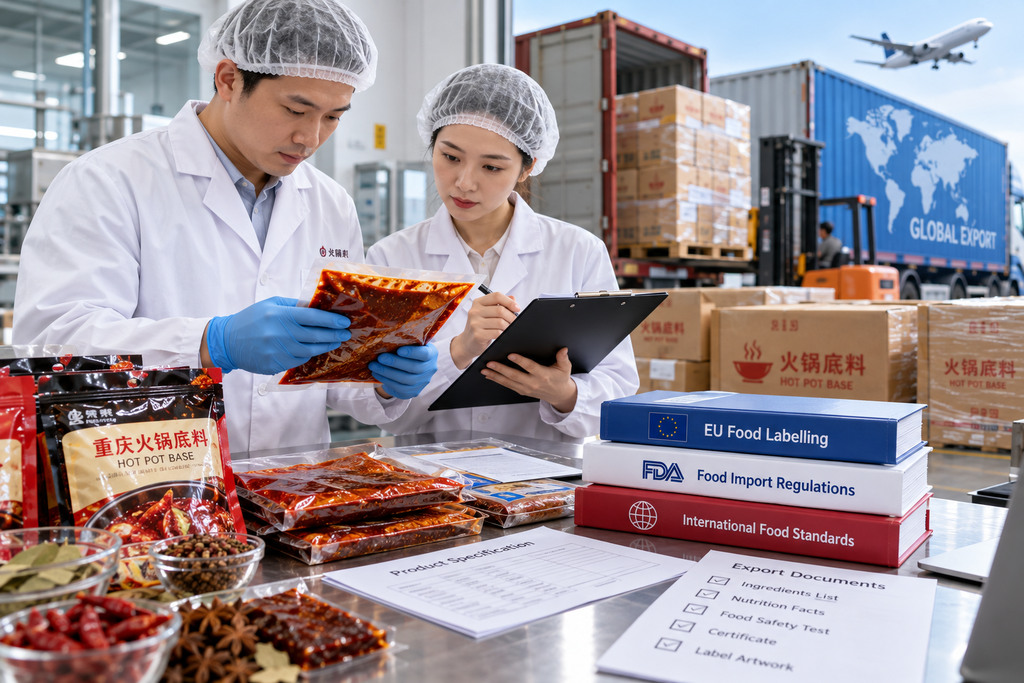 食品企业采购与品控人员核对火锅底料样品、原料配料表和产品技术资料
