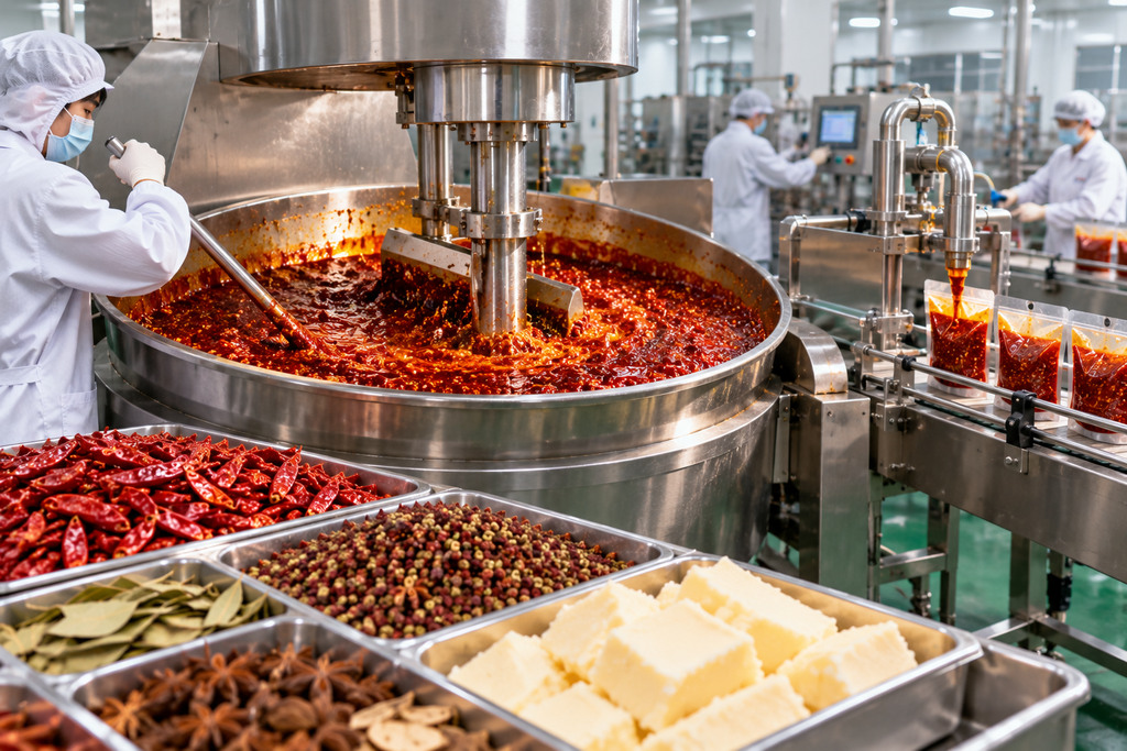 食品生产人员在火锅底料生产区域检查辣椒、花椒和香辛料等原料状态并进行记录