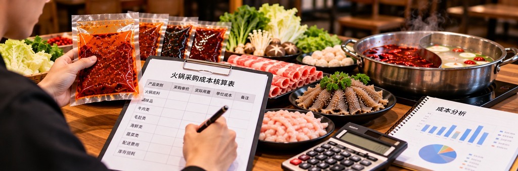 火锅门店采购人员核对火锅底料样品、使用记录和采购报价单
