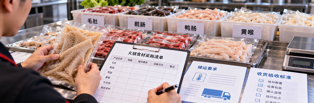 餐饮采购人员核对冷藏火锅食材的包装标签、运输要求和收货清单 餐饮采购人员核对冷藏火锅食材的包装标签、运输要求和收货清单