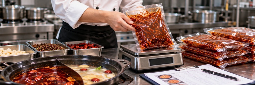 火锅门店后厨工作人员在不锈钢操作台上核对透明袋装火锅底料、电子秤、锅底样品和标准操作卡