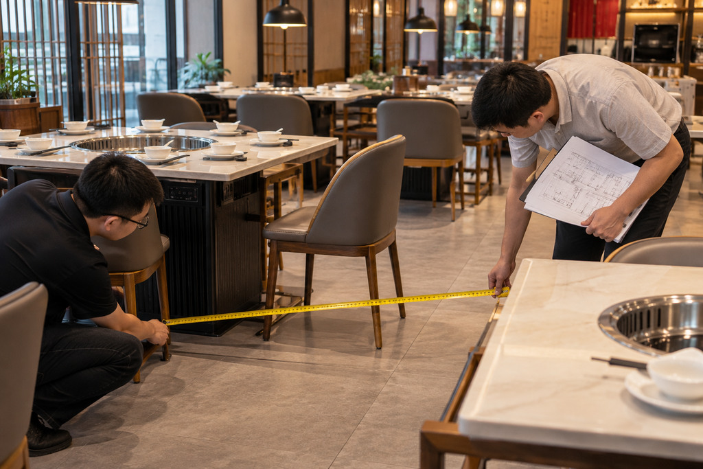 火锅餐厅装修筹备阶段，工作人员根据平面布局图使用卷尺核对圆桌、方桌及座椅之间的通行空间