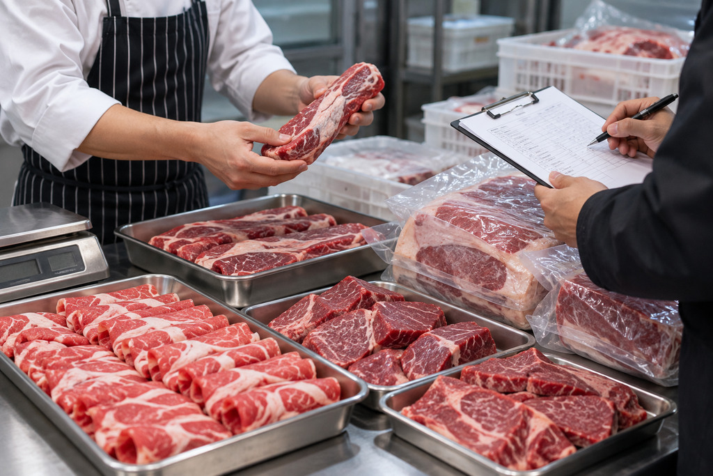 火锅后厨工作人员在不锈钢操作台上核对牛肉原料、切配样品和电子秤称量结果的业务示意画面 火锅后厨工作人员在不锈钢操作台上核对牛肉原料、切配样品和电子秤称量结果的业务示意画面