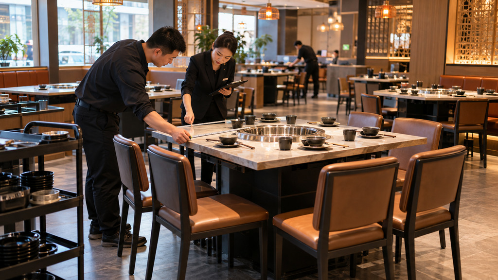 火锅餐厅装修筹备现场,工作人员使用实际锅具和餐盘进行桌面试摆,并检查座椅拉出后的通行空间 火锅餐厅装修筹备现场,工作人员使用实际锅具和餐盘进行桌面试摆,并检查座椅拉出后的通行空间
