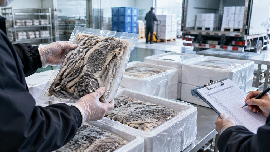 火锅食材收货验收示意，工作人员在冷藏收货区域检查无品牌毛肚包装、产品标签及到货记录