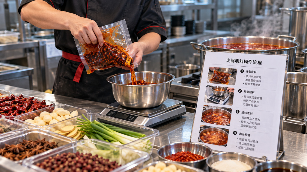火锅门店后厨操作人员对照底料操作卡,使用电子秤核对透明包装底料的称量与兑锅准备场景示意 火锅门店后厨操作人员对照底料操作卡,使用电子秤核对透明包装底料的称量与兑锅准备场景示意