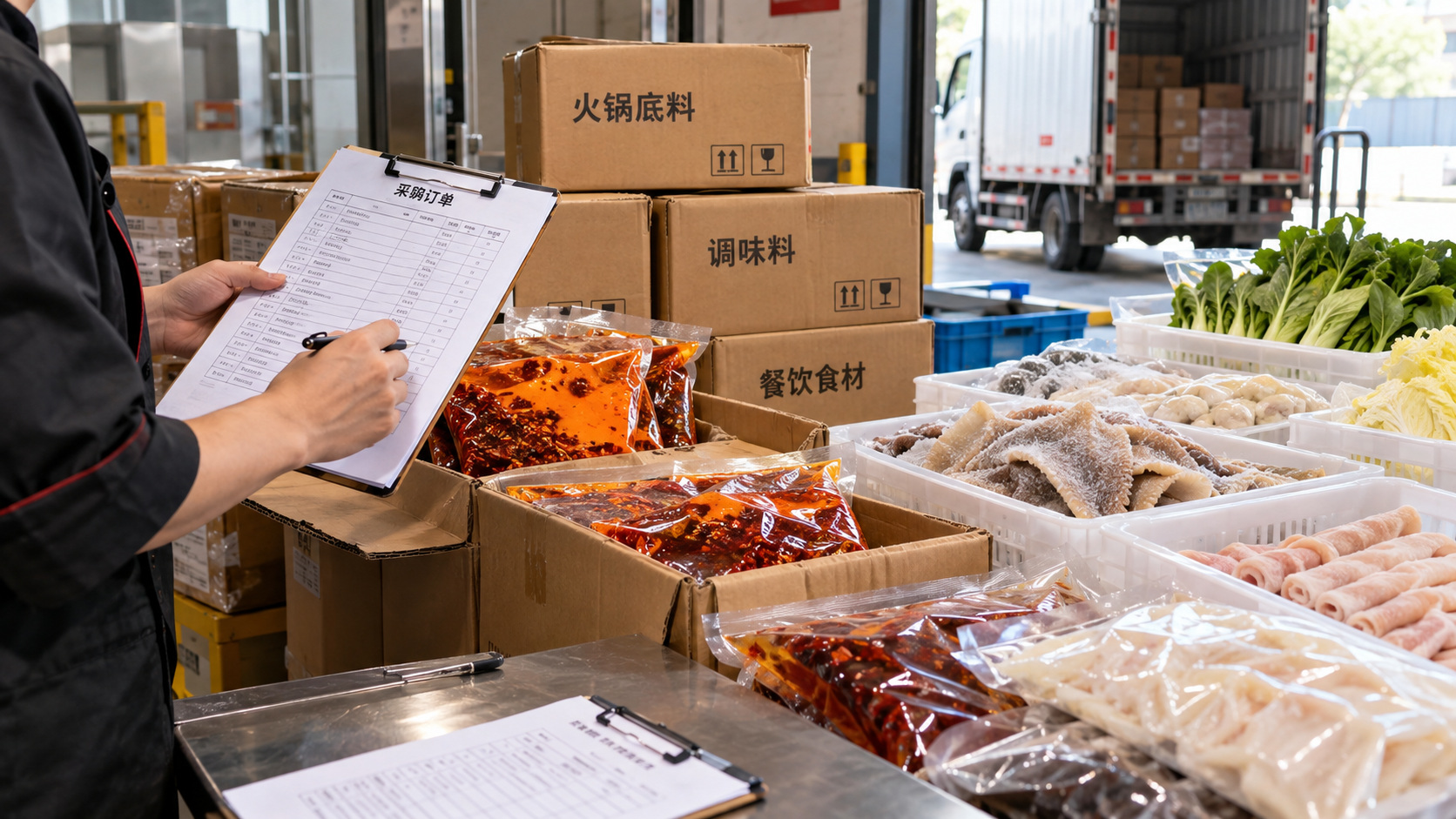 火锅门店收货人员对照采购订单和送货单核对无品牌标识的火锅底料包装及食材箱数的示意场景