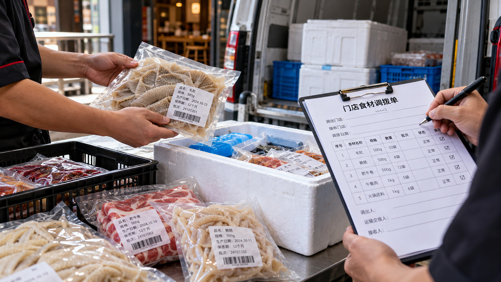 火锅食材跨店调拨前核对原包装批次标签、冷链保温箱和调拨登记单的示意场景 火锅食材跨店调拨前核对原包装批次标签、冷链保温箱和调拨登记单的示意场景