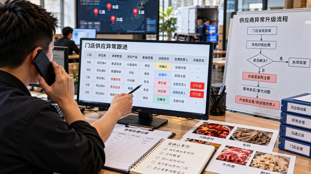 连锁火锅供应链办公场景中,采购人员对照门店异常记录、配送进度和供应商责任分工表进行问题升级判断的示意画面 连锁火锅供应链办公场景中,采购人员对照门店异常记录、配送进度和供应商责任分工表进行问题升级判断的示意画面