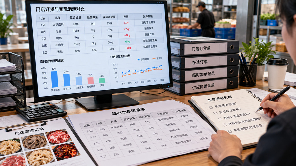 连锁火锅采购桌面上展示门店订货记录、在途订单状态及临时加单原因统计表的示意场景