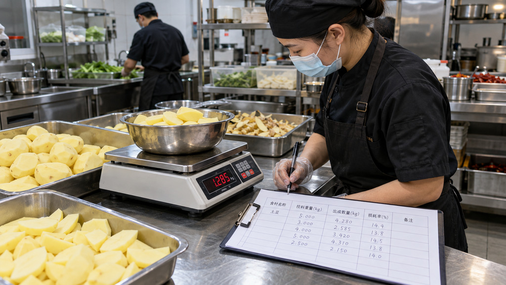 火锅后厨使用电子秤称量处理后的土豆净料,并通过食材成本记录表核对投入重量和出品数量的示意场景 火锅后厨使用电子秤称量处理后的土豆净料,并通过食材成本记录表核对投入重量和出品数量的示意场景