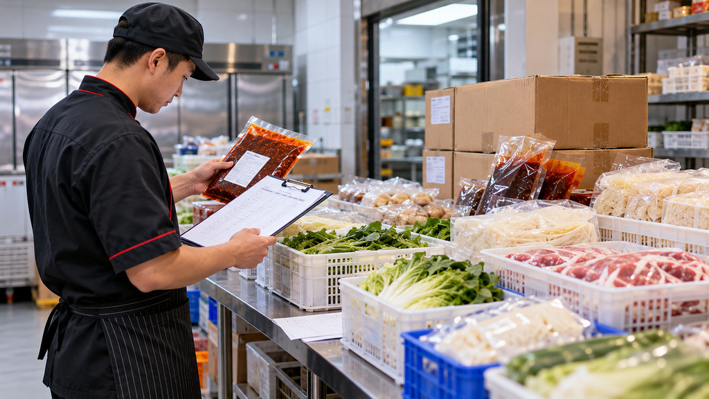 火锅新店开业前，收货人员在整齐摆放的首批食材与调味品旁核对实物规格、配送清单和验收记录的示意场景