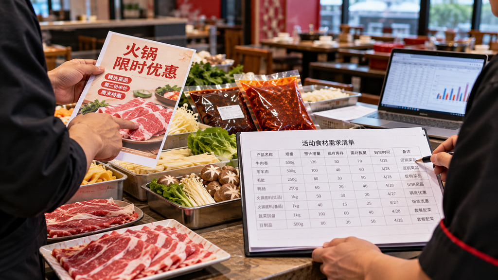火锅门店促销备货核对示意场景,工作台上摆放活动菜单、食材需求清单、底料样品及分类食材,用于核对关键产品和预计采购数量 火锅门店促销备货核对示意场景,工作台上摆放活动菜单、食材需求清单、底料样品及分类食材,用于核对关键产品和预计采购数量