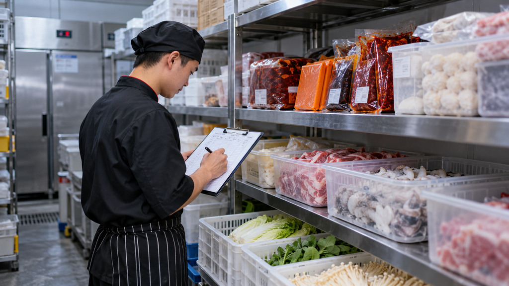 火锅门店库管人员在食材存储区核对冻品、底料库存数量及盘点记录的示意场景