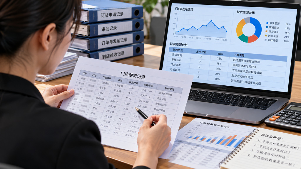 连锁火锅品牌运营人员在办公桌前核对门店缺货记录、订货单和配送签收时间的示意场景