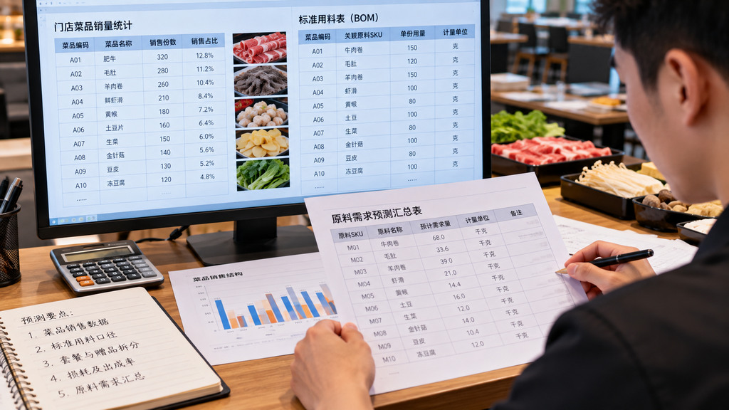 火锅门店运营人员根据电脑中的菜品销售数据与标准用料表核对肥牛、毛肚及火锅底料需求的示意场景 火锅门店运营人员根据电脑中的菜品销售数据与标准用料表核对肥牛、毛肚及火锅底料需求的示意场景