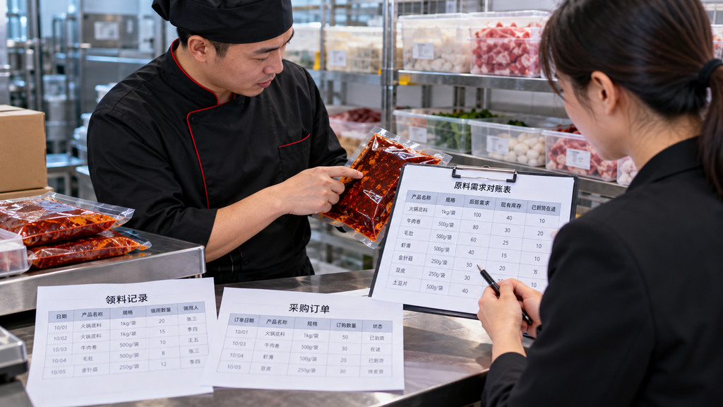火锅门店采购与后厨负责人在工作台前对照底料包装、领料记录和采购需求表核对数量的示意场景