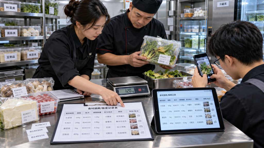 火锅门店食材报损台账示意图，展示食材规格、批次、报损数量、发生环节、原因和审批证据等字段