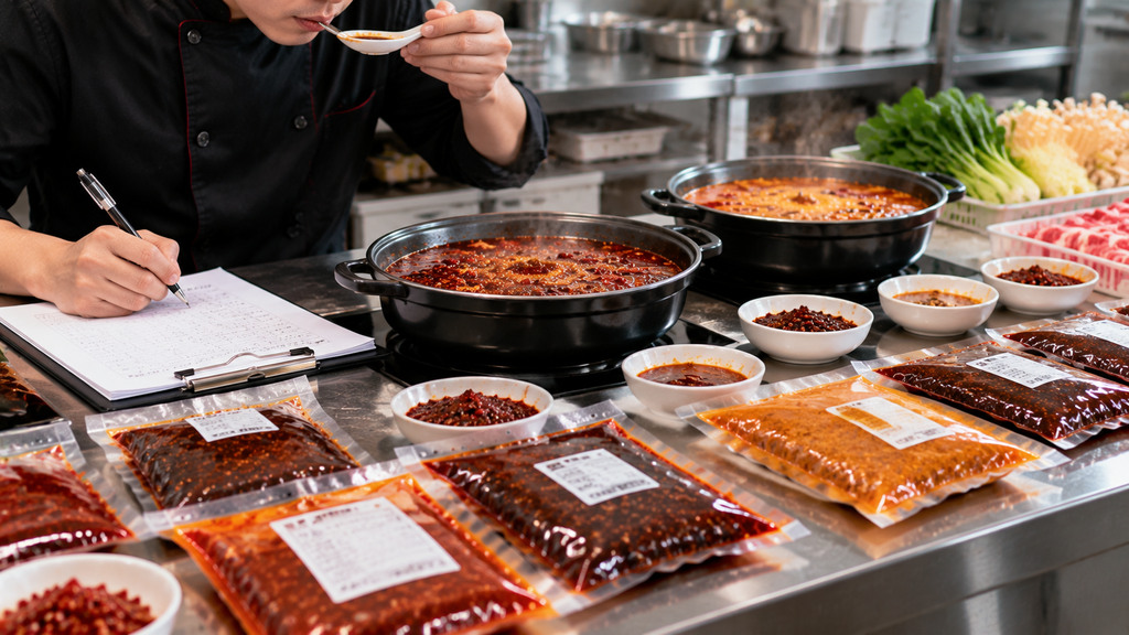 餐饮采购人员对比不同包装的火锅底料样品,并根据实际锅底试煮情况记录风味差异的示意场景 餐饮采购人员对比不同包装的火锅底料样品,并根据实际锅底试煮情况记录风味差异的示意场景