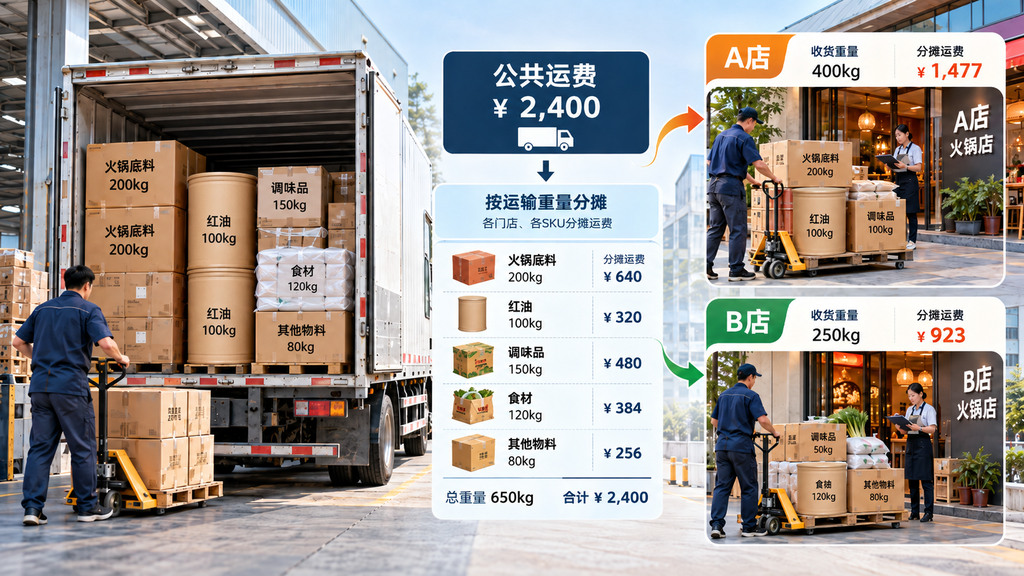 多品类火锅供应链商品同车配送至A店和B店,按运输重量将公共运费分摊到门店SKU的示意图 多品类火锅供应链商品同车配送至A店和B店,按运输重量将公共运费分摊到门店SKU的示意图
