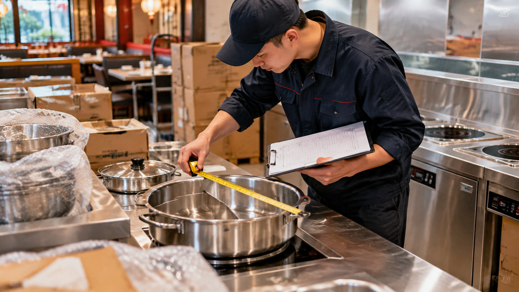 餐饮门店后厨到货验收时工作人员使用卷尺核对设备尺寸并检查锅具规格的示意场景
