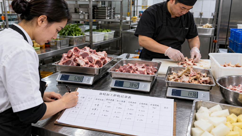 火锅后厨食材加工核算示意场景,电子秤分别称量待处理食材、加工后可用净料和修整废料,旁边放有批次损耗记录表 火锅后厨食材加工核算示意场景,电子秤分别称量待处理食材、加工后可用净料和修整废料,旁边放有批次损耗记录表
