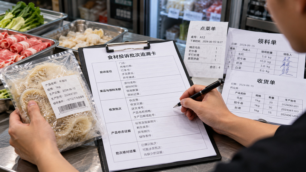 火锅门店食材投诉批次追溯卡与销售小票、领料单、收货单及产品批次标签核对的示意图 火锅门店食材投诉批次追溯卡与销售小票、领料单、收货单及产品批次标签核对的示意图