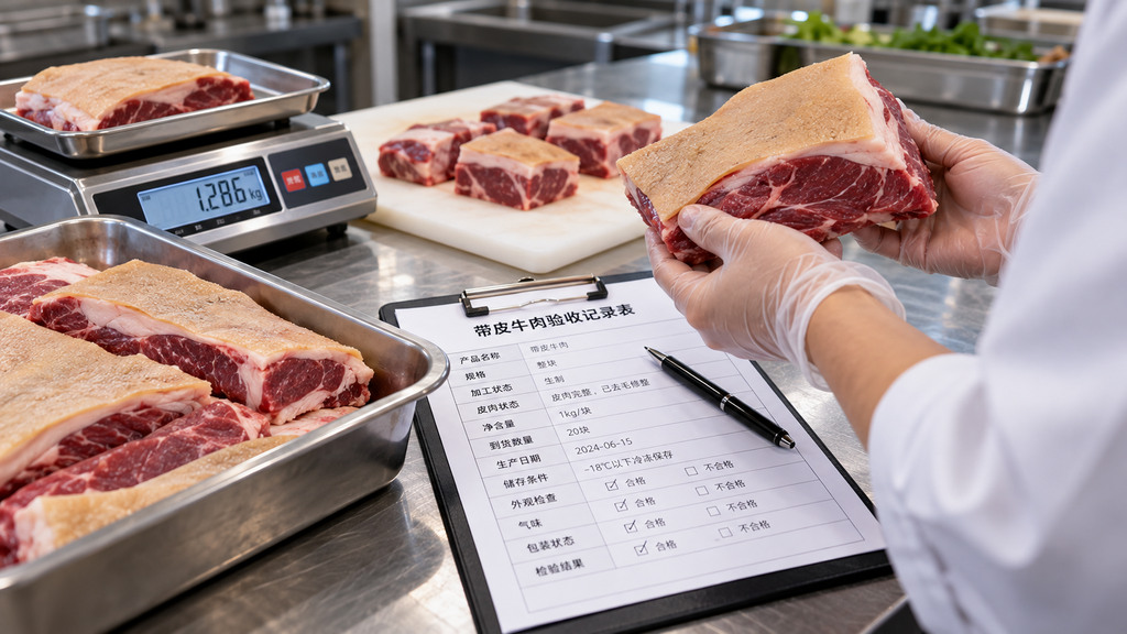 不锈钢食材验收台上摆放带皮牛肉原料、切块样品、电子秤和规格核对记录的示意场景