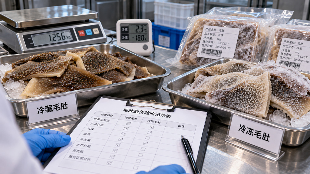 火锅食材采购验收台上分别摆放冷藏毛肚样品和密封冷冻毛肚包装，旁边配有温度计、电子秤及产品状态核对记录的示意场景