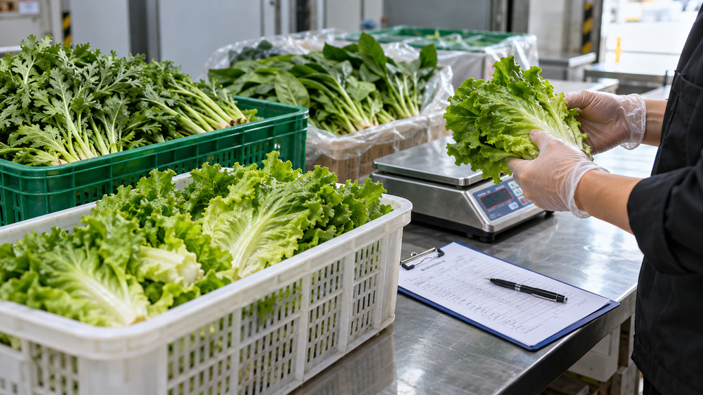火锅食材收货台上摆放生菜、茼蒿和菠菜,旁边放有蔬菜周转筐、电子秤及验收记录表的场景 火锅食材收货台上摆放生菜、茼蒿和菠菜,旁边放有蔬菜周转筐、电子秤及验收记录表的场景