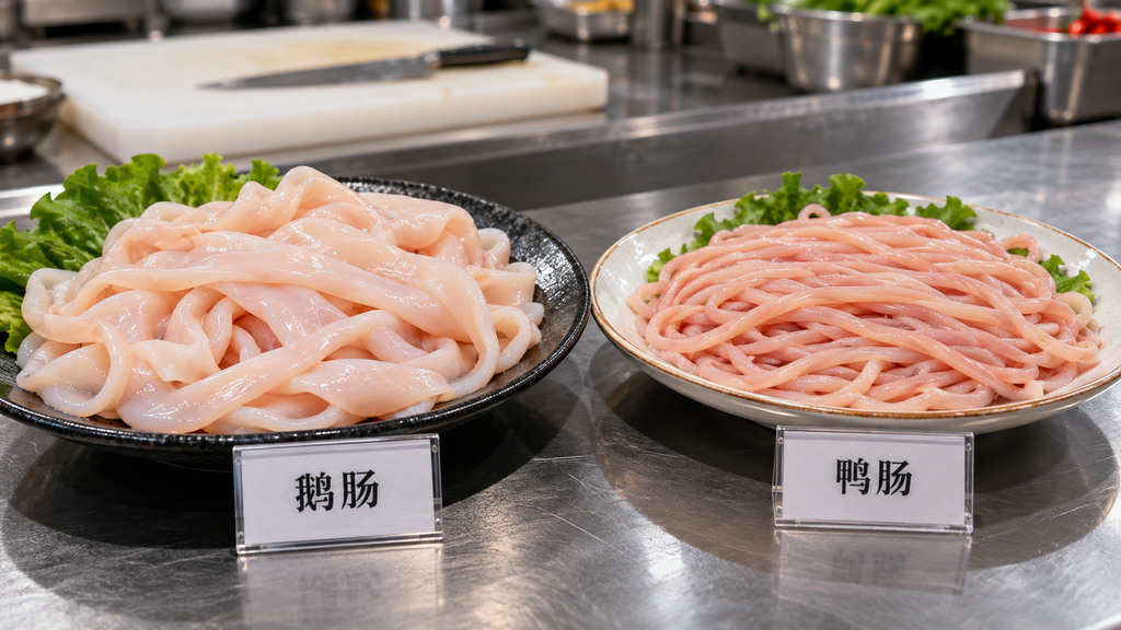 火锅食材采购比较中,两盘分别摆放的鹅肠和鸭肠样品,展示原料长度、宽度、厚薄及切配形态的示意场景 火锅食材采购比较中,两盘分别摆放的鹅肠和鸭肠样品,展示原料长度、宽度、厚薄及切配形态的示意场景