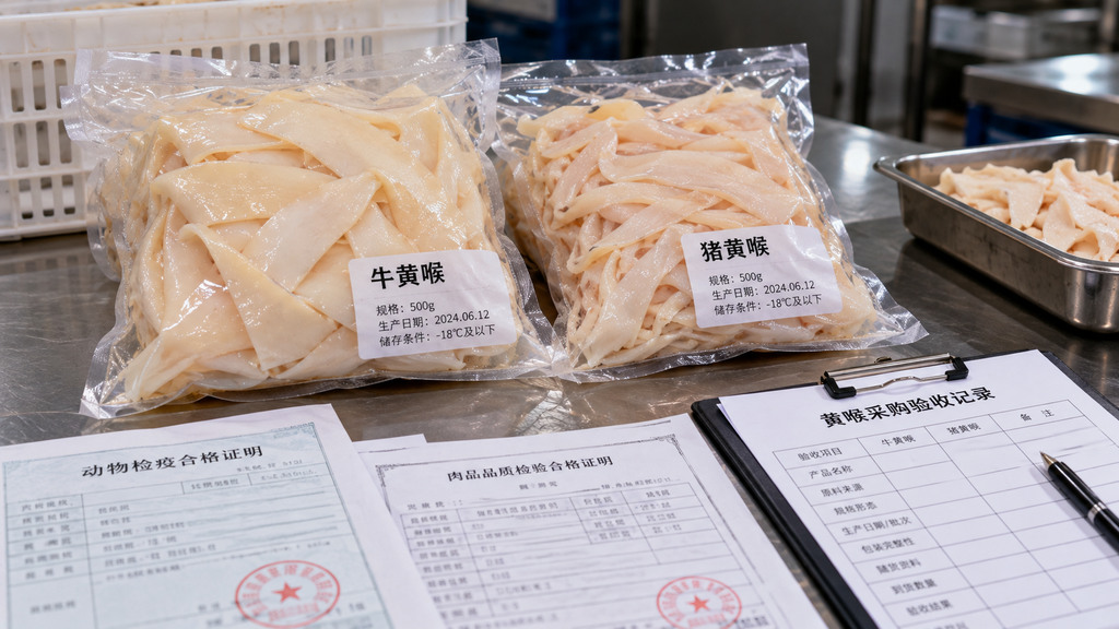 火锅黄喉采购验收台上摆放两份独立包装的黄喉样品，旁边放有产品标签、送货单和规格核对记录的示意场景