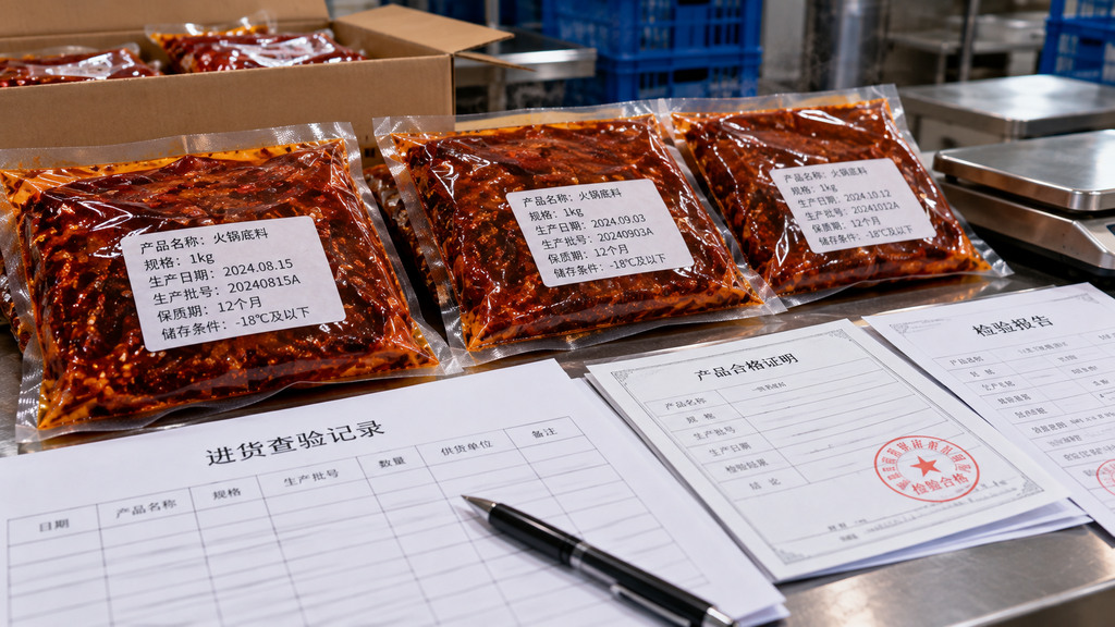 火锅底料采购验收台上摆放不同批次的预包装底料、产品标签、进货单据和批次核对记录的示意场景 火锅底料采购验收台上摆放不同批次的预包装底料、产品标签、进货单据和批次核对记录的示意场景