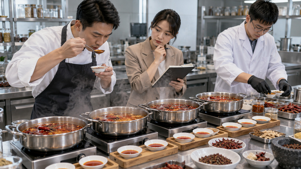 火锅底料研发人员在相近试锅条件下对比不同样品的麻辣度和香型的示意场景