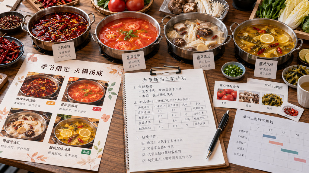 不同风味的火锅汤底试样与菜单资料摆放在工作台上，用于季节新品风味和上架计划评估的示意场景