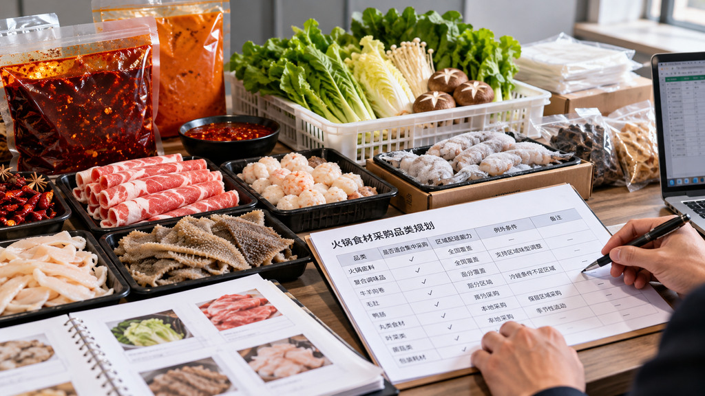 餐饮采购办公桌上摆放火锅底料包装、冷冻食材样品和新鲜蔬菜，旁边有采购分类记录表的示意场景
