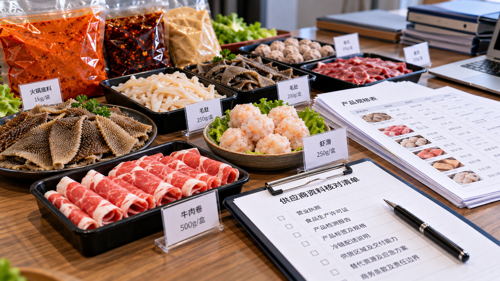 餐饮采购桌面上分类摆放毛肚、牛肉、虾滑等火锅食材样品及产品规格核对资料的示意场景 餐饮采购桌面上分类摆放毛肚、牛肉、虾滑等火锅食材样品及产品规格核对资料的示意场景