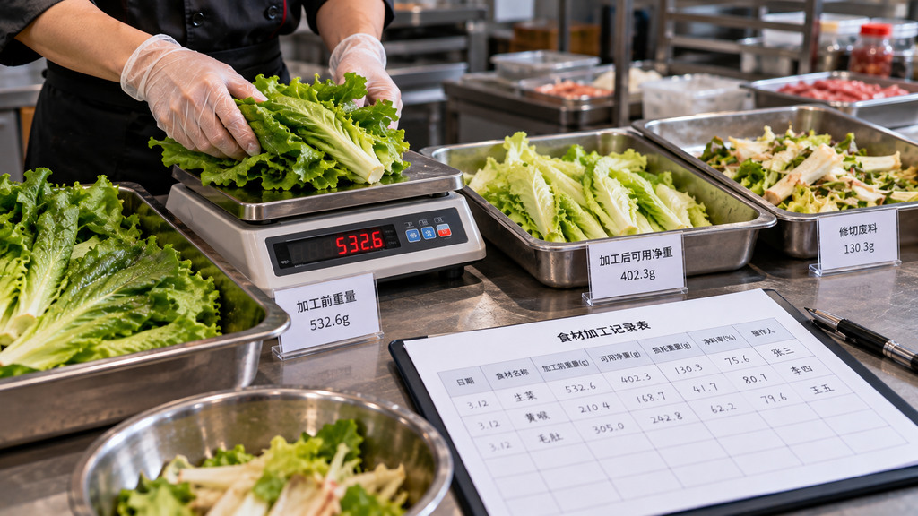 火锅后厨工作台上使用电子秤分别称量待处理蔬菜、处理后的净菜及修切废料，并记录重量的示意场景