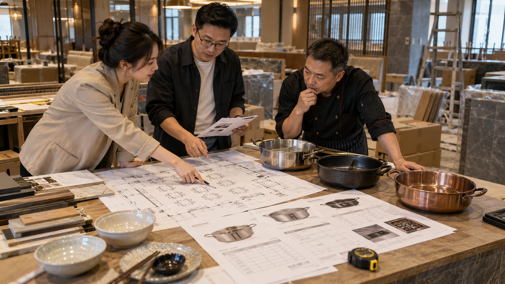 火锅店筹备阶段将餐桌布局图、不同锅型样品和设备规格资料放在一起核对的示意场景