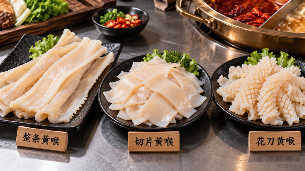 火锅食材采购核对用的整条黄喉、切片黄喉和花刀黄喉三种不同切配形态对比示意图
