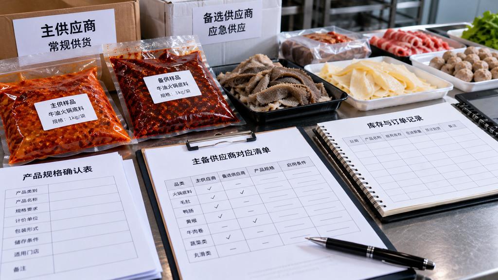 火锅底料与冷链食材样品旁摆放主备供应商对应清单、库存记录和产品规格核对资料的示意场景