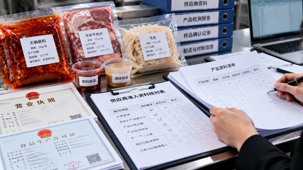 火锅底料样品、食品包装标签、供应商营业执照资料和产品规格核对清单整齐摆放在采购工作台上的示意场景 火锅底料样品、食品包装标签、供应商营业执照资料和产品规格核对清单整齐摆放在采购工作台上的示意场景