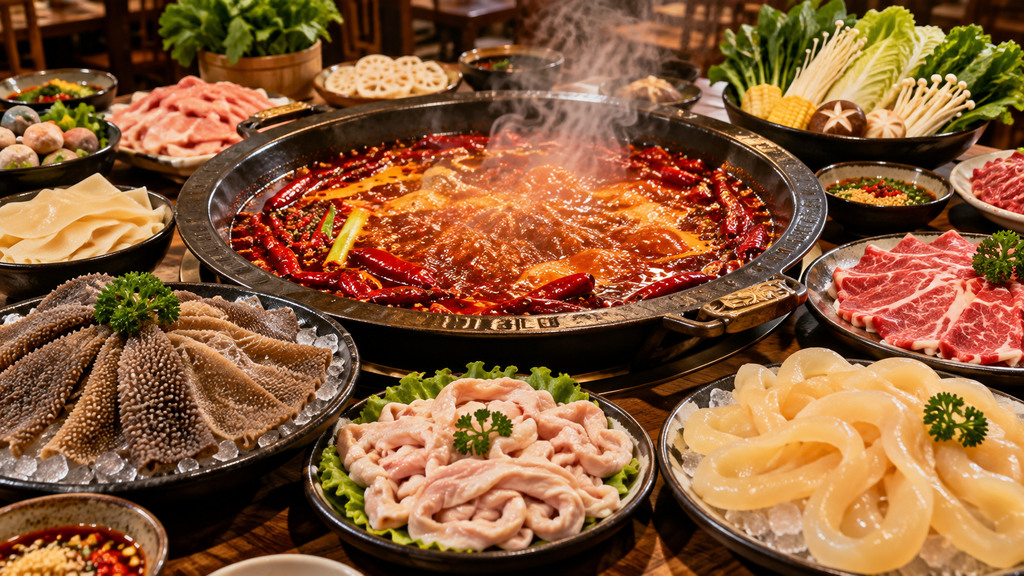 红亮牛油火锅锅底搭配毛肚、鹅肠、黄喉等涮烫食材的餐饮应用示意图