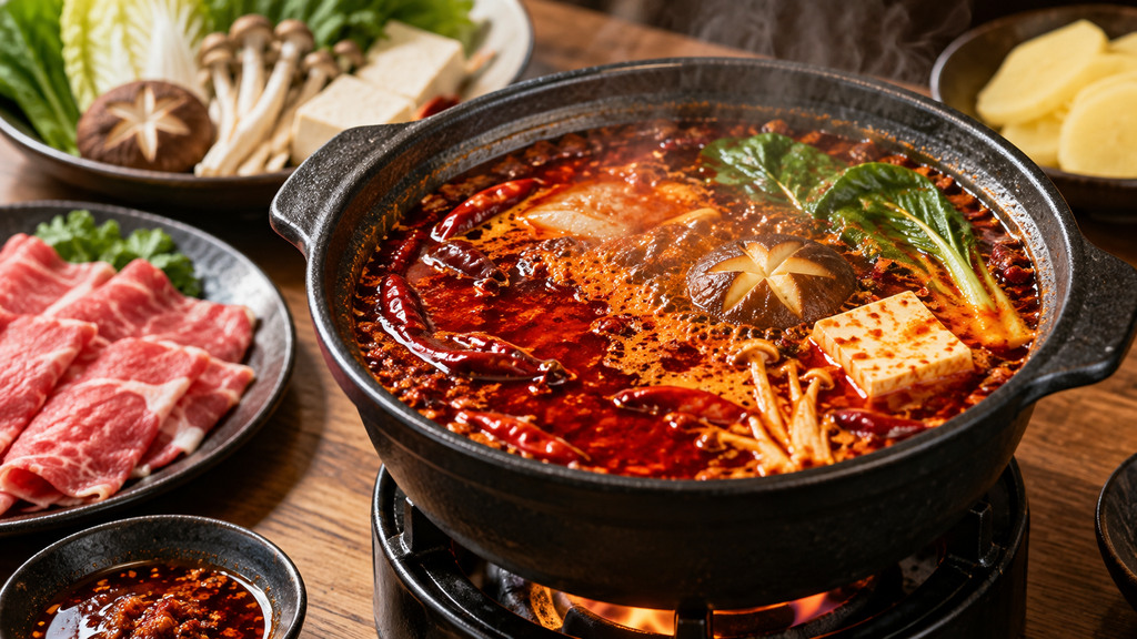 一人份牛油麻辣小火锅中红色牛油层与汤汁分布的示意场景 一人份牛油麻辣小火锅中红色牛油层与汤汁分布的示意场景