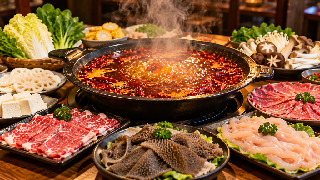 冬季重庆牛油老火锅聚餐餐桌，红亮的麻辣锅底搭配毛肚、鸭肠、牛肉、菌菇和蔬菜的示意场景