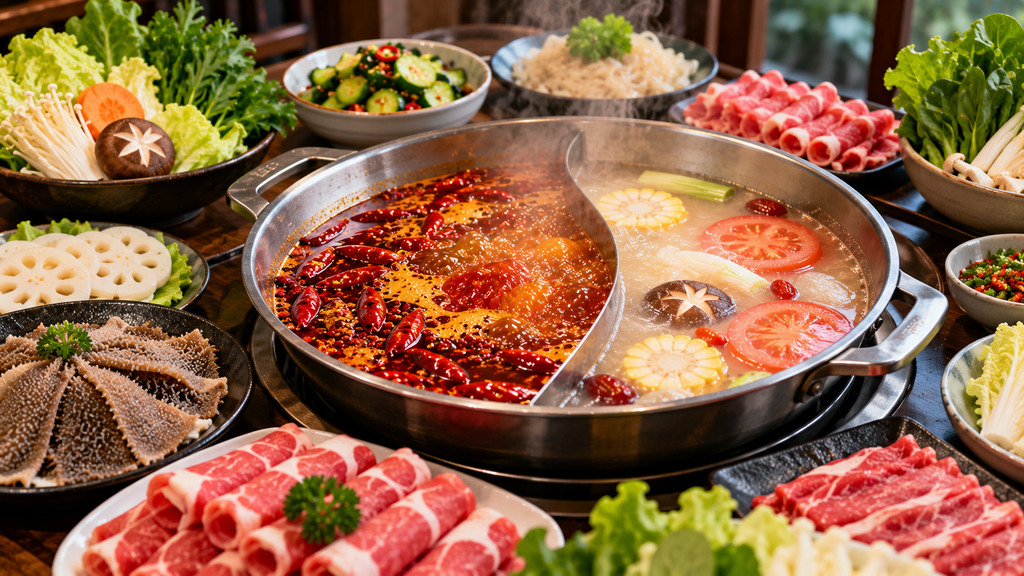 夏季火锅餐桌上的鸳鸯锅，一侧是红亮的牛油麻辣汤底，另一侧是清汤，周围搭配毛肚、牛肉、菌菇、蔬菜和清爽凉菜的示意场景